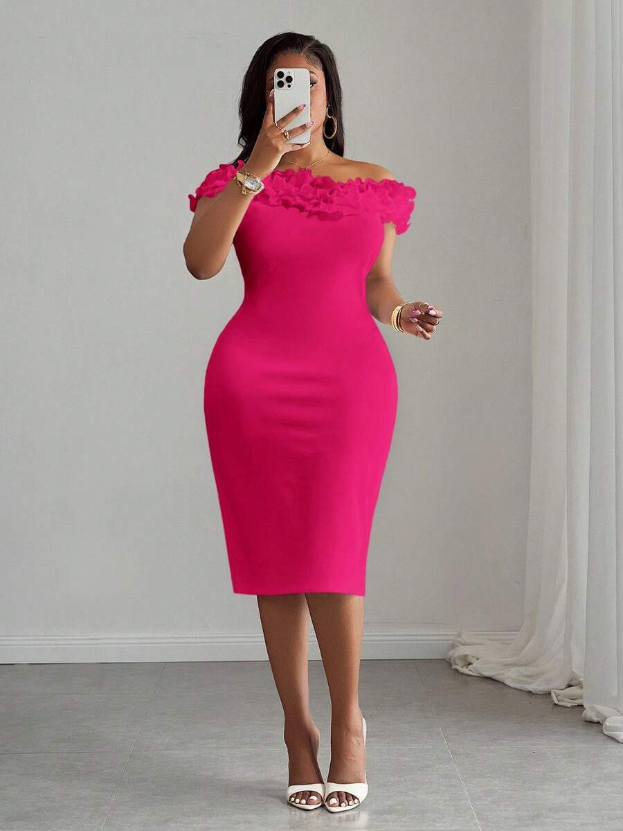 Slaydiva White Elegant Party Fitted V-Neck Ruffle Splice Off-Shoulder Bodycon Dress, Suitable For Spring/Summer - Party - Hot Pink - View 1