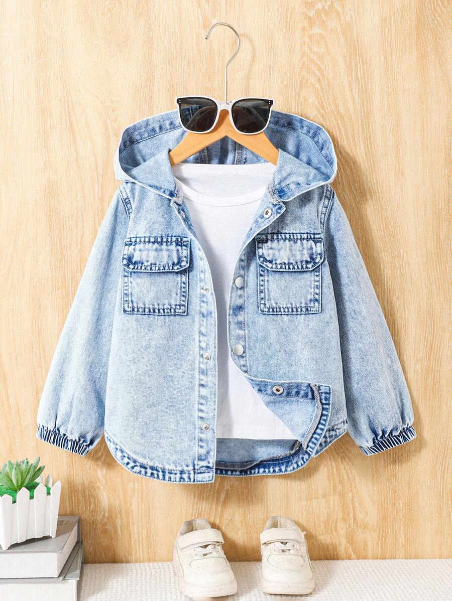 Kurtka z kapturem i długim rękawem dla chłopców w jasnoniebieskim, spranym denimie, dziecięca kurtka z materiału koszulowego, lekka, miękka i wygodna, odpowiednia do szkoły, na festiwale, na co dzień i do noszenia w domu/na zewnątrz