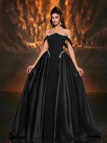 Glamrae 优雅的黑色针织拼布缎面光泽不对称抹胸巴斯克腰部碰撞白色奢华串珠丝带超喇叭 A 字裙，配有可调节系带，适合约会、单身派对、婚礼、活动、度假、返校、正式场合 - 黑色 - 查看 7