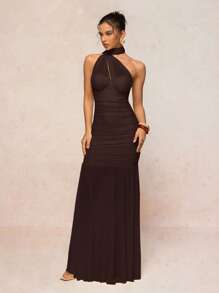 Lumalex Women's Halter Neck Chiffon Dress With Ruffled Bust Pads And Flowy Dress - Coffee - View 4