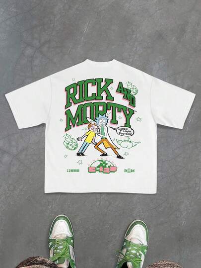 Rick and Morty X Manfinity PAVTROS 男士字母与卡通人物图案圆领休闲短袖 T 恤，街头潮流