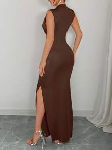 Rafferiza 女士优雅立领镂空性感金属花卉无袖紧身连衣裙，日常，黑色，修身，约会，派对，简约，纯色，返校，休闲 - 棕色 - 查看 2