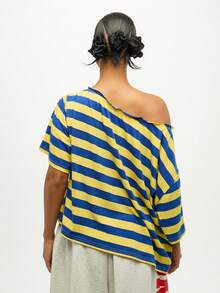 SUMWON WOMEN Off Shoulder Striped Top Casual Summer Fashion Oversized Loose Fit Boxy Short Sleeve Pullover Bold Street Style - Multicolor - View 2