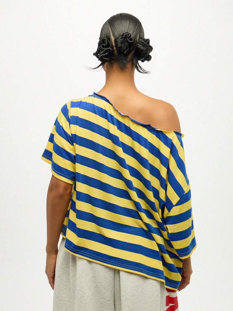 SUMWON WOMEN Oversized Striped Off Shoulder Top With Boxy Fit