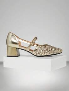 SHUZIA Ladies Crochet Raffia Mary Jane Pump For Christmas Valentine's Day - Gold - View 3