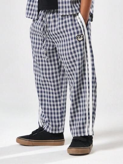 SUMWON Plaid Check Print Pants Young Kids Pull On Casual Trousers Side Stripe Wide Leg Bottoms Autumn Winter Wear Everyday Comfort Fall