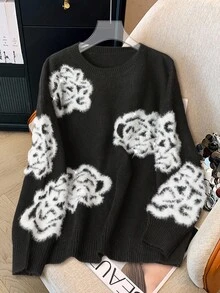 GlowEve CURVE 1pc Women Plus Size Minimalist Floral & Pearl Decor Crew Neck Long Sleeve Pullover Sweater, Suitable For Autumn/Winter Fall