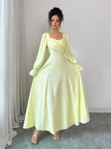 Lyxana Wiosenno-jesienna sukienka w kolorze żółtego jaskra w stylu francuskim, elegancka, słodka i romantyczna, z bufiastymi rękawami i wyszczuplającą talią, z długim rękawem dla kobiet - Żółty - Zobacz 4