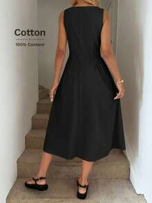 Easowa 圆领腰部褶皱 A 字形伞裙，女士休闲度假优雅中长连衣裙，棉质面料，春夏 - 黑色 - 查看 2