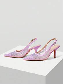 MOTF PREMIUM WOMEN'S POINTED TOE MESH & RHINESTONE SLINGBACK HIGH HEELS - Purple - View 3