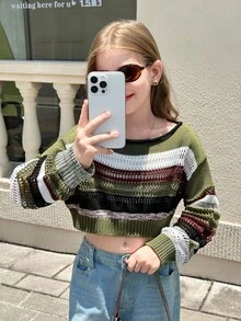 SHEIN Tween Girls Multi Color Striped Pattern Drop Shoulder Pullover Sweater Crop Sweater,Long Sleeve Tops, Suitable For Casual Daily Wear,In Fall/Winter - Army Green - View 15