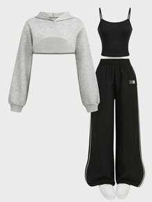 SHEIN Girlism 3pcs/Set Teen Girl Casual Outfit, Including Hoodie Sweatshirt, Spaghetti Strap Backless Top, And Elastic Waist Pants, Back To School Wear, Autumn, Streetwear, Concert Outfit Fall Winter - Multicolor - View 3