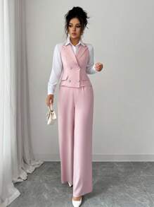 Elenzga Bộ vest công sở 2 món cho nữ, áo cổ bẻ cài nút ngọc trai và quần ống đứng cạp cao, phù hợp cho các cuộc họp văn phòng và công việc hàng ngày, mùa xuân/thu - Hồng - Xem 5