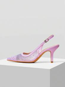 MOTF PREMIUM WOMEN'S POINTED TOE MESH & RHINESTONE SLINGBACK HIGH HEELS - Purple - View 2