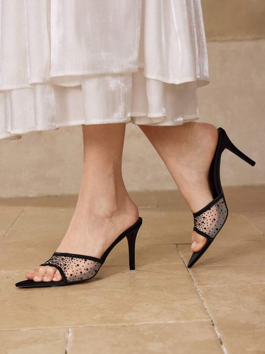 MOTF 女士黑色水钻装饰露趾高跟凉鞋 - 黑色 - 查看 1