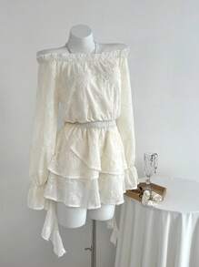 Elamini Robe mini fluide à couleur unie et texturée avec broderie pour femmes - Nude - Voir 1