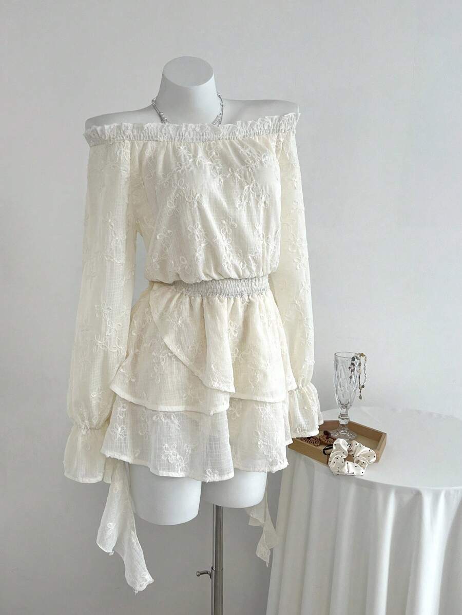 Elamini Robe mini fluide à couleur unie et texturée avec broderie pour femmes - Nude - Voir 1