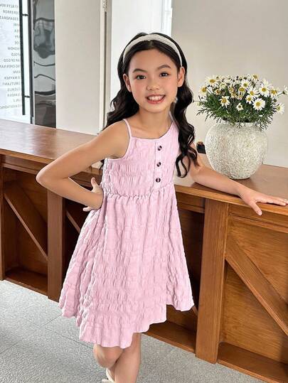 SHEIN Tween Girls Crepe Pinafore Dress With Decorative Buckle, Short Style, Spring/Summer