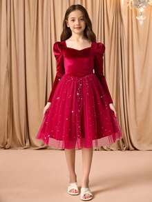Tween Girls' Square Neck Long Sleeve Mesh Patchwork Party Dress, Elegant For Christmas, Halloween - Red - View 1