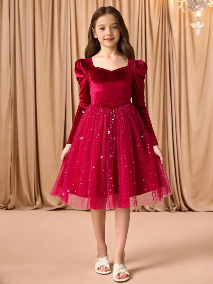 Tween Girls' Square Neck Long Sleeve Mesh Patchwork Party Dress, Elegant For Christmas, Halloween - Red - View 1