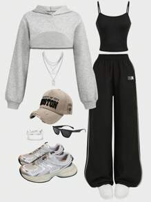 SHEIN Girlism 3pcs/Set Teen Girl Casual Outfit, Including Hoodie Sweatshirt, Spaghetti Strap Backless Top, And Elastic Waist Pants, Back To School Wear, Autumn, Streetwear, Concert Outfit Fall Winter - Multicolor - View 1