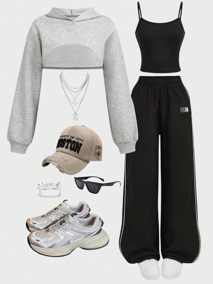 SHEIN Girlism 3pcs/Set Teen Girl Casual Outfit, Including Hoodie Sweatshirt, Spaghetti Strap Backless Top, And Elastic Waist Pants, Back To School Wear, Autumn, Streetwear, Concert Outfit Fall Winter - Multicolor - View 1