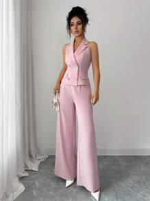 Elenzga Bộ vest công sở 2 món cho nữ, áo cổ bẻ cài nút ngọc trai và quần ống đứng cạp cao, phù hợp cho các cuộc họp văn phòng và công việc hàng ngày, mùa xuân/thu - Hồng - Xem 6