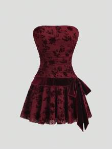 Sweetra 女式复古优雅性感抹胸领结万圣节派对连衣裙，秋季 - 酒紅色 - 查看 1