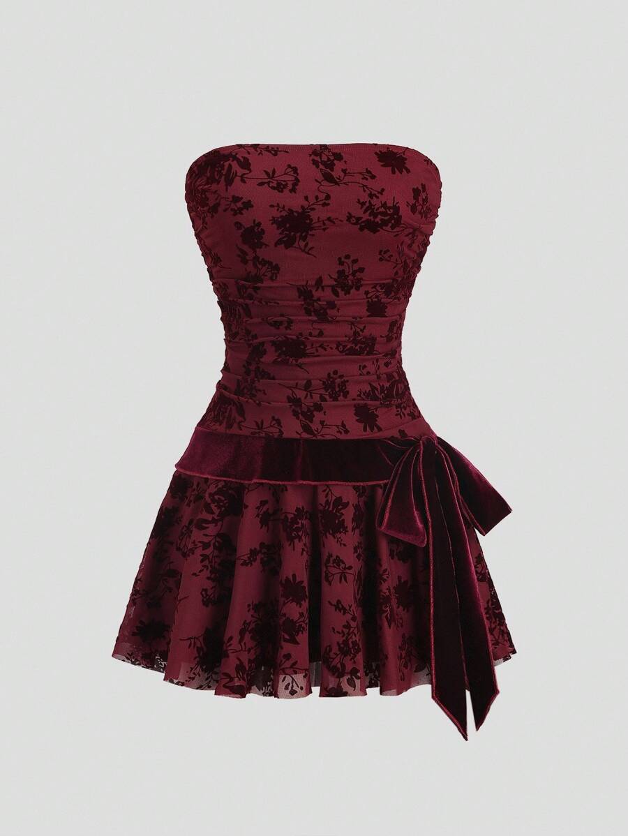 Sweetra 女式复古优雅性感抹胸领结万圣节派对连衣裙，秋季 - 酒紅色 - 查看 1