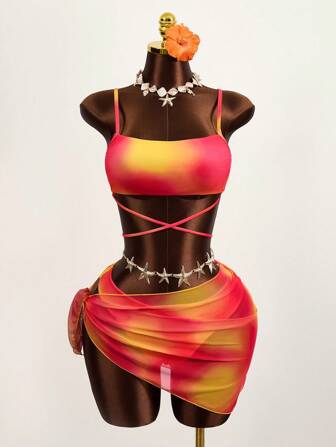 Summer Beach Ombre Bikini Set Criss Cross Cami Top & Hipster Bottom & Cover Up Skirt 2 Piece Bathing Suit