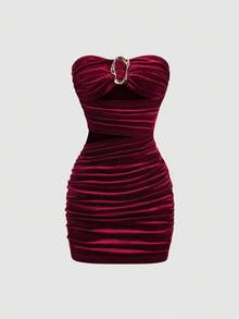Sweetra Asymmetrical Hollow Midriff Exposed Autumn/Winter Sexy Bodycon Mini Dress, American Style Strapless, Christmas - Redwood - View 3