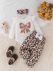 SHEIN 3 pièces Ensemble body et pantalon pour bébé fille avec imprimé léopard mignon, manches longues, col à volants, graphique lettrage et nœud, pour l'automne et l'hiver - Blanc - Voir 3