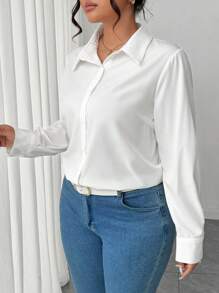 Elenzga 大码女式纯色纽扣衬衫 - 白色 - 查看 6