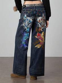 ROMWE J-Fashion 男女皆宜的复古嘻哈亚文化鲤鱼花卉刺绣宽松阔腿低腰牛仔裤