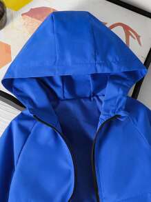 Young Boy Colorblock Hooded Zip-Up Windbreaker Jacket With Pocket, Loose Fit Casual Spring/Fall Outerwear - Blue - View 4