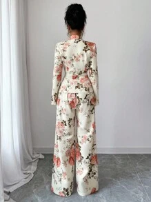 Elenzga 2 件女式花卉印花西装领长袖开衫和阔腿裤松紧腰优雅休闲套装，春秋 - 彩色 - 查看 2