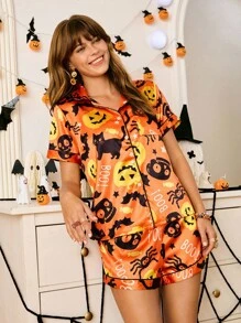 Chillnights 女士万圣节南瓜、黑猫、蜘蛛和糖果印花缎领衬衫和短裤睡衣套装，适合万圣节派对 - 橘色 - 查看 6