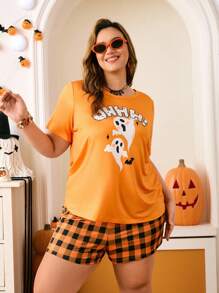 Chillnights Set pigiama taglia comoda con stampa fantasma e plaid, scollo a giro