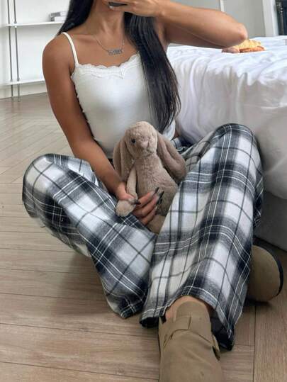 Teen Girls Sweet Camisole Plaid Pants Pajama Set Pj Zwart Wit Fall view 4