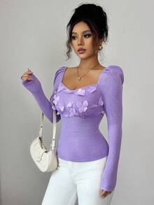 Elenzga Women's Elegant Layered V-Neck Long Sleeve Ruffle Lace Patchwork Fitted T-Shirt, Suitable For Everyday Wear In Spring, Autumn And Winter Fall Cloth For Women - Purple - View 3