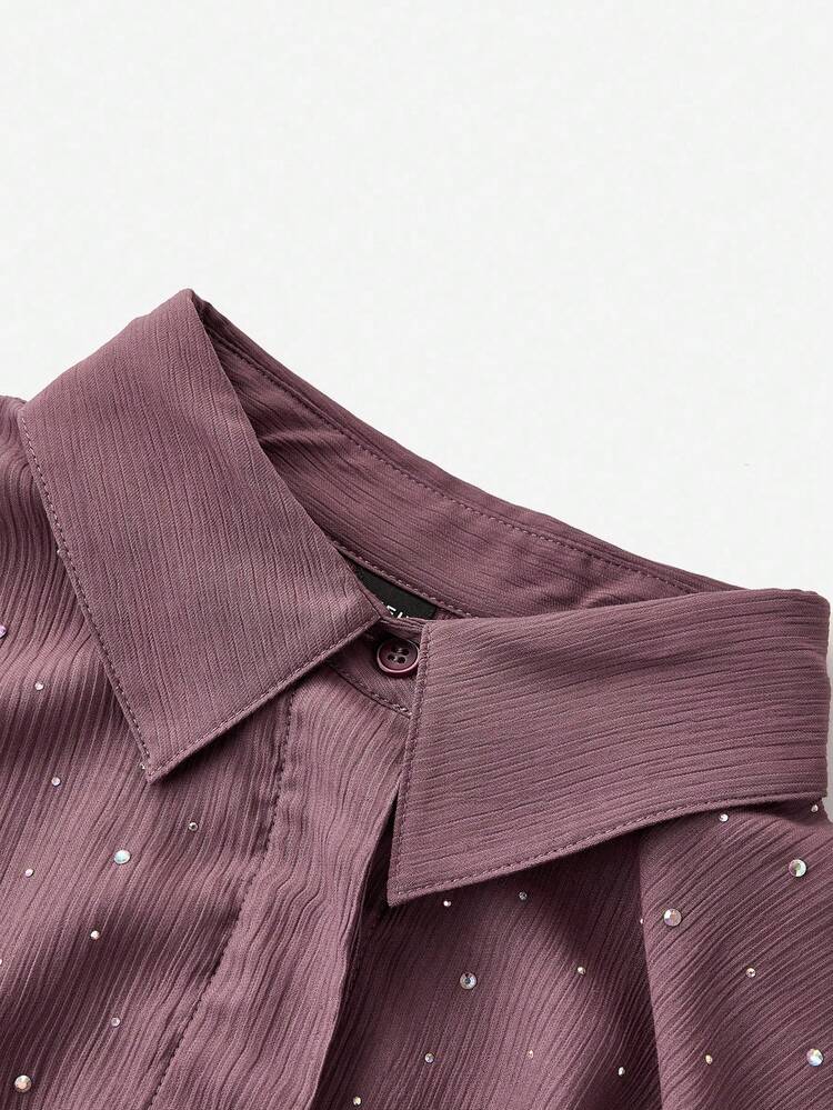SHEIN Maija Blusa con hombros caídos y adornos de strass para mujeres, temporada de fiestas de principios de otoño 2025, para otoño, invierno, vuelta al colegio, regreso a casa, salidas, negocios casuales, camisa abotonada con strass de Navidad para mujer