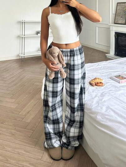 Conjunto de pijama para adolescentes con camiseta de tirantes de unicolor dulce y pantalones a cuadros