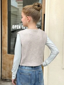 SHEIN 少女米色秋季優雅假期返校針織背心開襟衫，純色休閒鈕扣無袖冬季毛衣背心，適合女童少女 - 杏色 - 查看 9