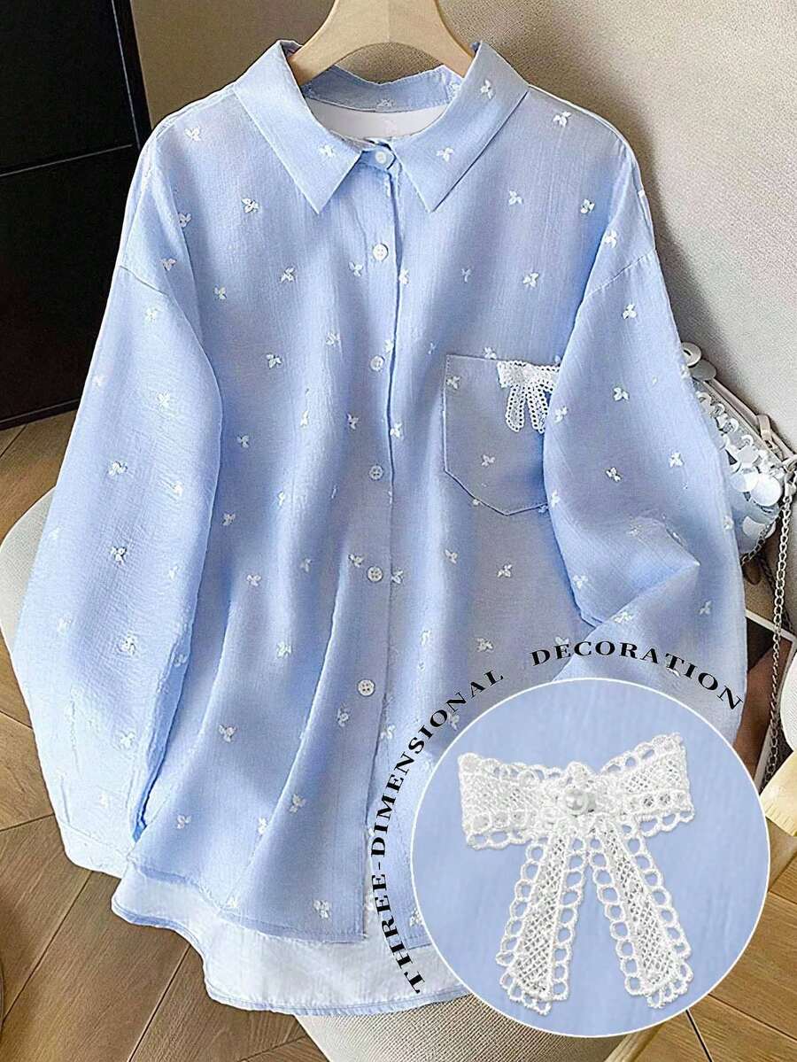 Resyla Camisa holgada casual de mujer con bordado de manga larga