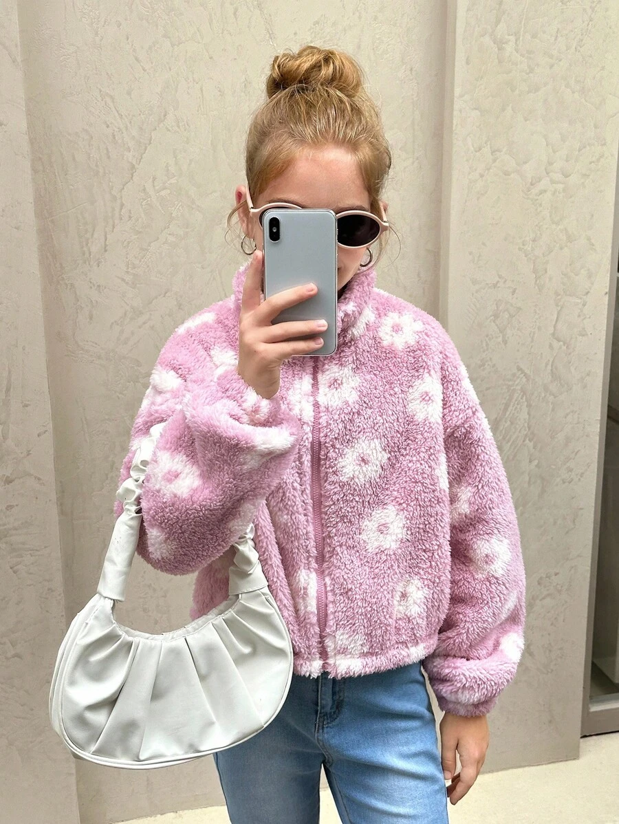 SHEIN 少女款抓絨熱粉色花卉印花立領加厚外套,適合休閒可愛日常穿著,秋冬柔軟泰迪夾克 - 淡紫色 - 查看 1