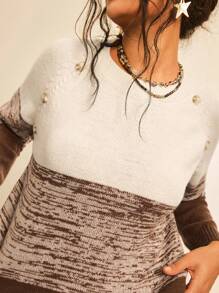 SHEIN LUNE Áo len nữ cỡ lớn phối màu mùa thu đông, áo len công sở thường ngày, áo len dáng ôm cho nữ dự tiệc, áo len nữ phối màu tương phản với chi tiết cúc cài, áo len chui đầu cho nữ. - Nhiều màu - Xem 4