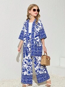 SHEIN Tween Girl 1 件花卉印花和服和 1 条裤子