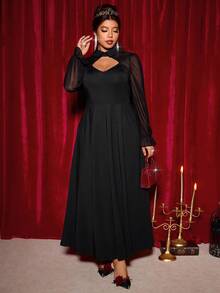 Cravure Vestido de manga larga con diseño de pecho calado, volantes en el bajo y estilo gótico elegante para mujer de talla grande