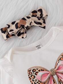 SHEIN 3 pièces Ensemble body et pantalon pour bébé fille avec imprimé léopard mignon, manches longues, col à volants, graphique lettrage et nœud, pour l'automne et l'hiver - Blanc - Voir 5
