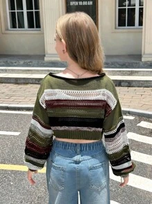 SHEIN Tween Girls Multi Color Striped Pattern Drop Shoulder Pullover Sweater Crop Sweater,Long Sleeve Tops, Suitable For Casual Daily Wear,In Fall/Winter - Army Green - View 14